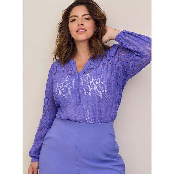 Torrid Harper Lace Pullover Blouse Abstract Blue Purple Long Sleeve 1 1X 16 18 - Picture 1 of 8